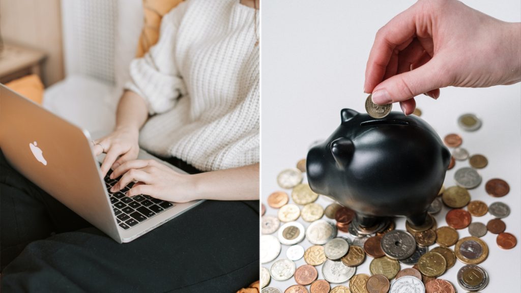 Collage de fotos: Persona trabajando en una computadora y muchas monedas que representan ganancia